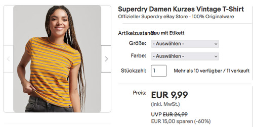 Superdry Damen Kurzes Vintage T-Shirt, versch. Farben und Größen (34-44) Superdry Damen Kurzes Vintage T-Shirt, versch. Farben und Größen (34-44)
