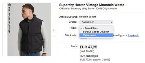 Superdry Herren Vintage Mountain Weste in Tiefschwarz oder Olivengrün (S-2XL) Superdry Herren Vintage Mountain Weste in Tiefschwarz oder Olivengrün (S-2XL)