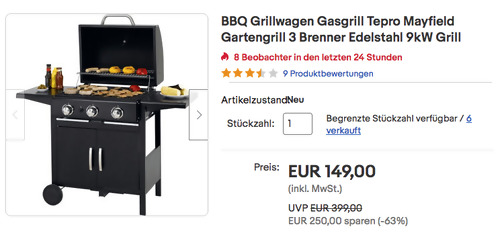 Tepro BBQ Gasgrill Mayfield 3 (3 Brenner, 9kW, 55x44cm Grillfläche) Tepro BBQ Gasgrill Mayfield 3 (3 Brenner, 9kW, 55x44cm Grillfläche)