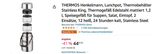 THERMOS Henkelmann Lunchpot 1,2 l Thermobehälter in Stainless Steel (2 Einsätze, Henkel) THERMOS Henkelmann Lunchpot 1,2 l Thermobehälter in Stainless Steel (2 Einsätze, Henkel)