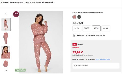 Vivance Dreams 2 tlg. Damen Pyjama mit Alloverdruck, versch. Farben (40/42, 44/46) Vivance Dreams 2 tlg. Damen Pyjama mit Alloverdruck, versch. Farben (40/42, 44/46)