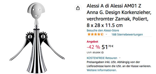 Alessi AM01 Z Anna G. Design Korkenzieher, Poliert Alessi AM01 Z Anna G. Design Korkenzieher, Poliert