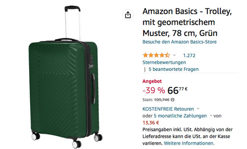 Amazon Basics 78 cm Trolley mit geometrischem Muster, Grün Amazon Basics 78 cm Trolley mit geometrischem Muster, Grün