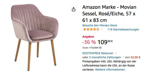 Amazon Marke - Movian Sessel in Rosé/Eiche, 57 x 61 x 83 cm Amazon Marke - Movian Sessel in Rosé/Eiche, 57 x 61 x 83 cm