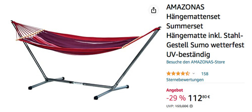 AMAZONAS ?AZ-4220000 Hängemattenset "Summerset Sumo" (ca. 210cm x 120cm Hängematte inkl. Stahl-Gestell) AMAZONAS ?AZ-4220000 Hängemattenset "Summerset Sumo" (ca. 210cm x 120cm Hängematte inkl. Stahl-Gestell)