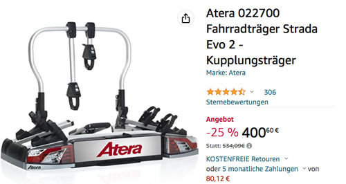 Atera 022700 Fahrradträger Strada Evo 2 (Kupplungsträger, für 2 Fahrräder) Atera 022700 Fahrradträger Strada Evo 2 (Kupplungsträger, für 2 Fahrräder)