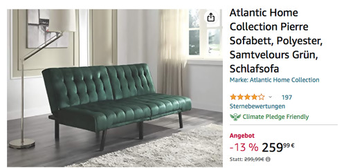 Atlantic Home Collection Schlafsofa "PIERRE" in Samtvelours Grün, ca. 180 x 99 cm Schlafffunktion Atlantic Home Collection Schlafsofa "PIERRE" in Samtvelours Grün, ca. 180 x 99 cm Schlafffunktion