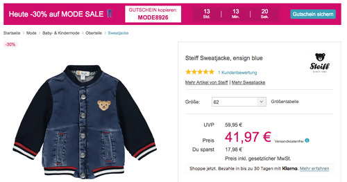 Babymarkt.de - 30% Rabatt auf MODE SALE: z.B. Steiff Baby Sweatjacke in Ensign blue, 56-74 Babymarkt.de - 30% Rabatt auf MODE SALE: z.B. Steiff Baby Sweatjacke in Ensign blue, 56-74