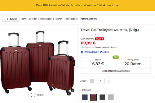Baur.de - 20% Rabatt auf Mode, Schuhe und Wohnen: z.B. Travel Pal 3 tlg. Trolleyset "Austin", versch. Farben Baur.de - 20% Rabatt auf Mode, Schuhe und Wohnen: z.B. Travel Pal 3 tlg. Trolleyset "Austin", versch. Farben