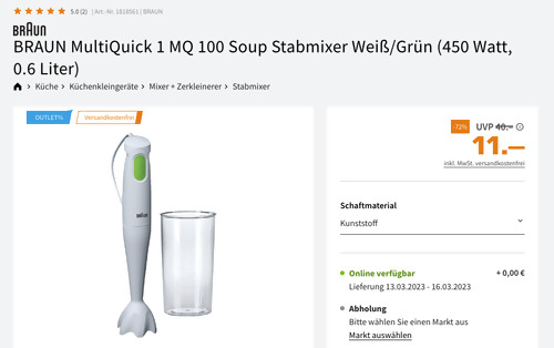 BRAUN MultiQuick 1 MQ 100 Soup Stabmixer in Weiß/Grün (450 Watt, 0.6 Liter) BRAUN MultiQuick 1 MQ 100 Soup Stabmixer in Weiß/Grün (450 Watt, 0.6 Liter)