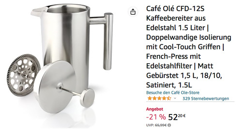 Café Olé CFD-12S 1.5 Liter Kaffeebereiter aus Edelstahl, Satiniert Café Olé CFD-12S 1.5 Liter Kaffeebereiter aus Edelstahl, Satiniert