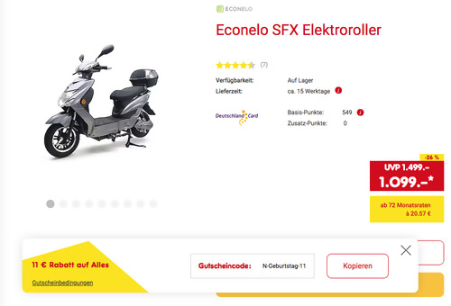 Econelo SFX Elektro-Roller (45 km/h, ca. 40 km, 1,35 PS, Straßenzulassung) - jetzt 13% billiger