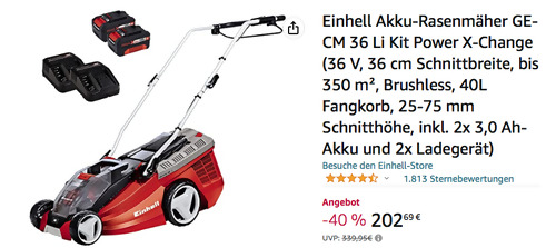 Einhell Akku-Rasenmäher GE-CM 36 Li Kit Power X-Change (36 cm Schnittbreite, inkl. 2x 3,0 Ah-Akku und 2x Ladegerät) Einhell Akku-Rasenmäher GE-CM 36 Li Kit Power X-Change (36 cm Schnittbreite, inkl. 2x 3,0 Ah-Akku und 2x Ladegerät)