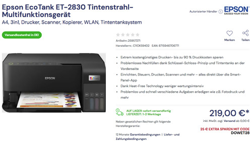 Epson EcoTank ET-2830 3in1 Tintenstrahl-Multifunktionsgerät (A4, Drucker, Scanner, Kopierer, WLAN, Tintentanksystem) Epson EcoTank ET-2830 3in1 Tintenstrahl-Multifunktionsgerät (A4, Drucker, Scanner, Kopierer, WLAN, Tintentanksystem)