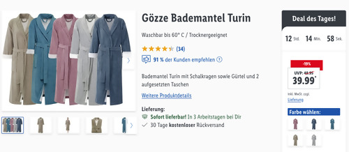 Gözze Bademantel "Turin", versch. Farben und Größen (S-XXL) Gözze Bademantel "Turin", versch. Farben und Größen (S-XXL)
