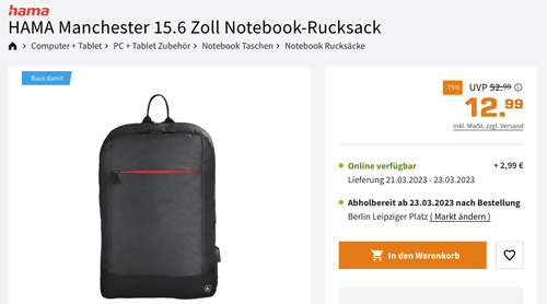 HAMA Manchester 15.6 Zoll Notebook-Rucksack, 15 Liter HAMA Manchester 15.6 Zoll Notebook-Rucksack, 15 Liter