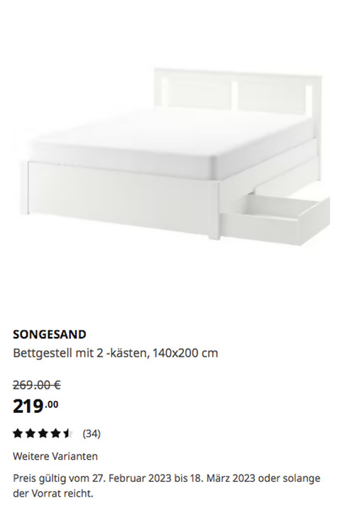 IKEA Hamburg-Schnelsen - SONGESAND Bettgestell mit 2 -kästen, weiß, 140x200 cm IKEA Hamburg-Schnelsen - SONGESAND Bettgestell mit 2 -kästen, weiß, 140x200 cm