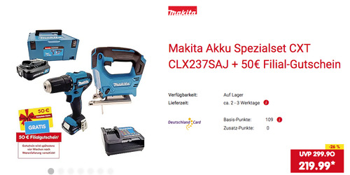 Makita Akku Werkzeugset CXT CLX237SAJ inkl. Netto Marken-Discount 50 Filial-Gutschein (Bohrschrauber, Stichsäge, Schnellladegerät, 2x Akku, Werkzeugkoffer) Makita Akku Werkzeugset CXT CLX237SAJ inkl. Netto Marken-Discount 50 Filial-Gutschein (Bohrschrauber, Stichsäge, Schnellladegerät, 2x Akku, Werkzeugkoffer)