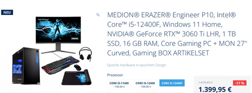 MEDION Engineer P10 i5-12400F GeForce 3060 Ti LHR Gaming PC inkl. 27 Zoll Monitor, Tastatur, Maus, Mauspad und Headset MEDION Engineer P10 i5-12400F GeForce 3060 Ti LHR Gaming PC inkl. 27 Zoll Monitor, Tastatur, Maus, Mauspad und Headset