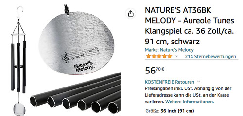NATURE'S AT36BK MELODY - 91 cm Aureole Tunes Klangspiel NATURE'S AT36BK MELODY - 91 cm Aureole Tunes Klangspiel