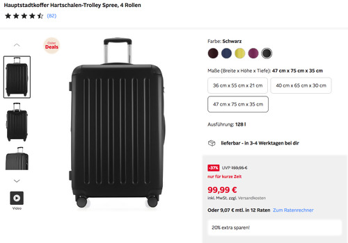Otto.de - 20% Rabatt auf Mode-Artikel: z.B. Hauptstadtkoffer 128 Liter Hartschalen-Trolley "Spree" in Schwarz Otto.de - 20% Rabatt auf Mode-Artikel: z.B. Hauptstadtkoffer 128 Liter Hartschalen-Trolley "Spree" in Schwarz