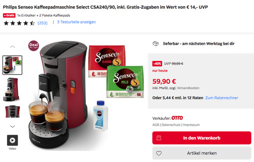 Philips Senseo Kaffeepadmaschine Select CSA240/90 inkl. 1x Entkalker + 2 Pakete Kaffeepads Philips Senseo Kaffeepadmaschine Select CSA240/90 inkl. 1x Entkalker + 2 Pakete Kaffeepads