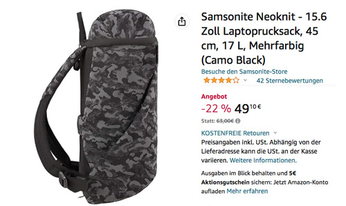 Samsonite Neoknit 15.6 Zoll Laptoprucksack in Camo Black, 17 Liter Samsonite Neoknit 15.6 Zoll Laptoprucksack in Camo Black, 17 Liter