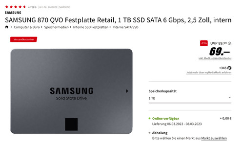 SAMSUNG 870 QVO 1 TB SSD Festplatte Retail, 2,5 Zoll SAMSUNG 870 QVO 1 TB SSD Festplatte Retail, 2,5 Zoll