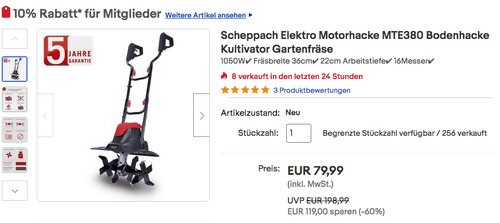 Scheppach MTE380 Elektro-Motorhacke (1050W, 36 cm Arbeitsbreite) Scheppach MTE380 Elektro-Motorhacke (1050W, 36 cm Arbeitsbreite)