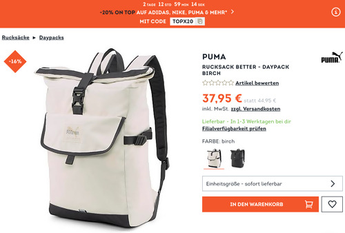 SportScheck.com - 20% Rabatt auf ausgewählte Top Marken: z.B. PUMA Rucksack Better - Daypack in Birch SportScheck.com - 20% Rabatt auf ausgewählte Top Marken: z.B. PUMA Rucksack Better - Daypack in Birch