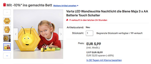 Varta LED Wandleuchte/Nachtlicht "die Biene Maja" (3 x AA Batterie, 4,5 lm, Touch Schalter) Varta LED Wandleuchte/Nachtlicht "die Biene Maja" (3 x AA Batterie, 4,5 lm, Touch Schalter)