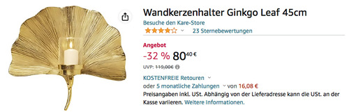 Wandkerzenhalter Ginkgo Leaf 45cm Wandkerzenhalter Ginkgo Leaf 45cm