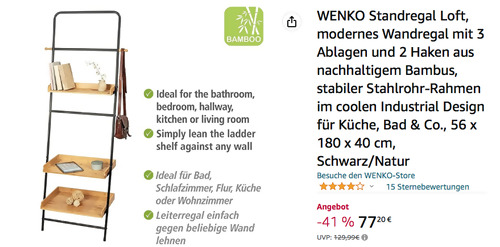 WENKO Standregal "Loft" - Wandregal mit 3 Ablagen und 2 Haken, 56 x 180 x 40 cm WENKO Standregal "Loft" - Wandregal mit 3 Ablagen und 2 Haken, 56 x 180 x 40 cm