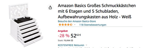 Amazon Basics Schmuckkästchen mit 6 Etagen und 5 Schubladen in Weiß Amazon Basics Schmuckkästchen mit 6 Etagen und 5 Schubladen in Weiß