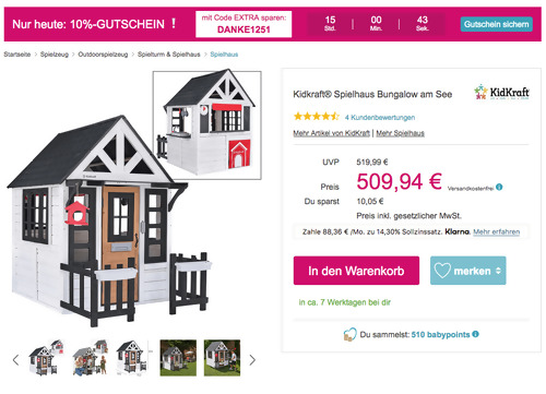 Babymarkt.de - 10% Rabatt auf fast alles: z.B. Kidkraft® Spielhaus "Bungalow am See" Babymarkt.de - 10% Rabatt auf fast alles: z.B. Kidkraft® Spielhaus "Bungalow am See"