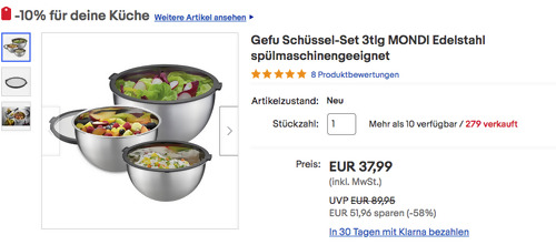 Ebay - 10% Rabatt auf Möbel, Deco, Küche & Co.: z.B. Gefu Schüssel-Set 3tlg MONDI - jetzt 10% billiger