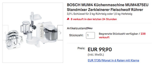 BOSCH MUM4 Küchenmaschine MUM4875EU (3,9 L Schüssel, Standmixer, Zerkleinerer, Fleischwolf, Rührer) - jetzt 10% billiger