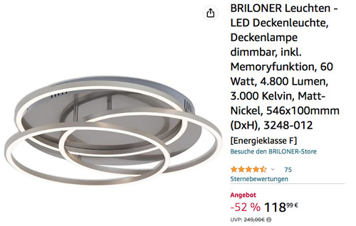 BRILONER 3248-012 LED Deckenleuchte in Matt-Nickel (60 Watt, 4.800 Lumen, 546 mm) - jetzt 20% billiger