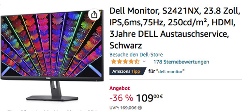 Dell S2421NX 23.8 Zoll Monitor (Full HD, 178 °/178 °, 2x HDMI) Dell S2421NX 23.8 Zoll Monitor (Full HD, 178 °/178 °, 2x HDMI)