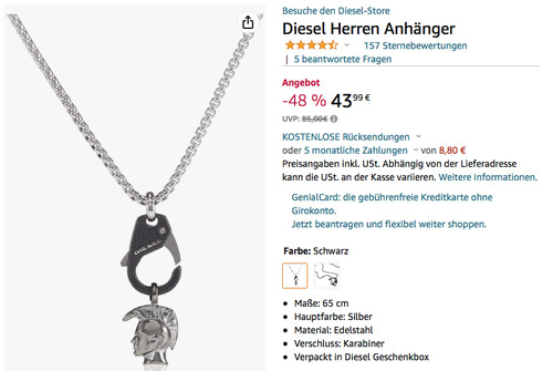Diesel DX1148040 Herren Halskette mit Anhänger in Schwarz, 65 cm Diesel DX1148040 Herren Halskette mit Anhänger in Schwarz, 65 cm