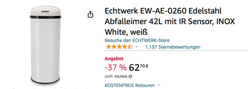 Echtwerk EW-AE-0260 42L Edelstahl Abfalleimer mit IR Sensor, weiß - jetzt 32% billiger
