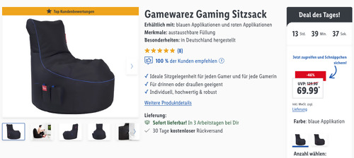 Gamewarez ca. 65 x 90 x 95 cm Gaming Sitzsack mit blauen oder roten Applikationen - jetzt 16% billiger Gamewarez ca. 65 x 90 x 95 cm Gaming Sitzsack mit blauen oder roten Applikationen - jetzt 16% billiger