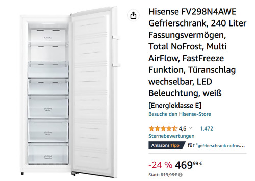 Hisense FV298N4AWE 240 Liter Gefrierschrank, 172 cm hoch - jetzt 24% billiger