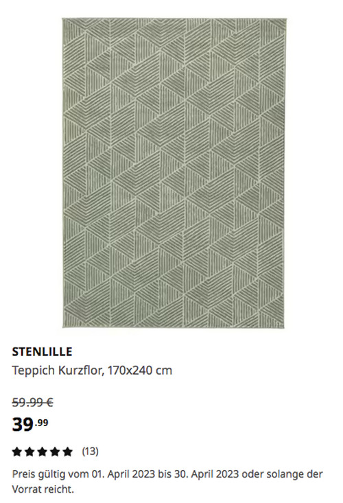 IKEA Kamen - STENLILLE Teppich Kurzflor, grün, 170x240 cm - jetzt 33% billiger