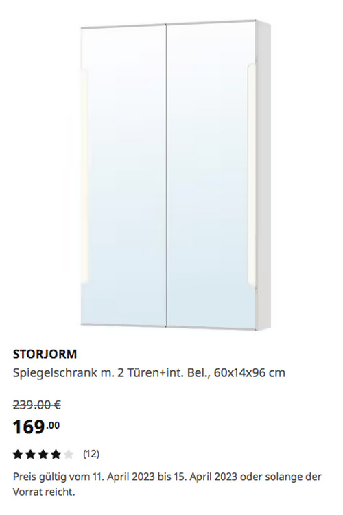 IKEA Sindelfingen - STORJORM Spiegelschrank m. 2 Türen+int. Bel., weiß, 60x14x96 cm - jetzt 29% billiger