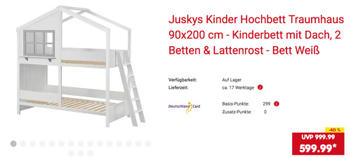 Juskys 90x200 cm Kinder Hochbett "Traumhaus" in Weiß - Kinderbett mit Dach, 2 Betten & Lattenrost Juskys 90x200 cm Kinder Hochbett "Traumhaus" in Weiß - Kinderbett mit Dach, 2 Betten & Lattenrost