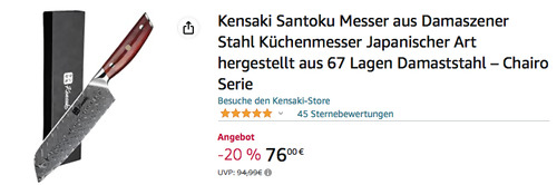 Kensaki KEN-002 Santoku Messer aus Damaszener Stahl, 18 cm Klinge - jetzt 16% billiger Kensaki KEN-002 Santoku Messer aus Damaszener Stahl, 18 cm Klinge - jetzt 16% billiger