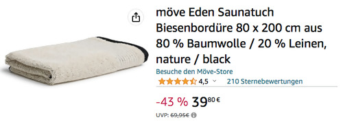 möve Eden Saunatuch 80 x 200 cm in Nature / Black, 80 % Baumwolle / 20 % Leinen - jetzt 28% billiger möve Eden Saunatuch 80 x 200 cm in Nature / Black, 80 % Baumwolle / 20 % Leinen - jetzt 28% billiger