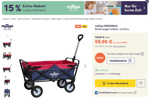 myToys.de - 15% Extra-Rabatt auf myToys ORIGINALS: z.B. myToys ORIGINALS Bollerwagen in Rot/Blau myToys.de - 15% Extra-Rabatt auf myToys ORIGINALS: z.B. myToys ORIGINALS Bollerwagen in Rot/Blau