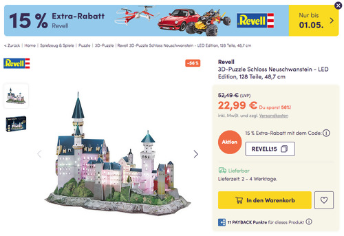 myToys.de - 15% Extra-Rabatt auf Revell: z.B. Revell 3D-Puzzle Schloss Neuschwanstein - LED Edition myToys.de - 15% Extra-Rabatt auf Revell: z.B. Revell 3D-Puzzle Schloss Neuschwanstein - LED Edition
